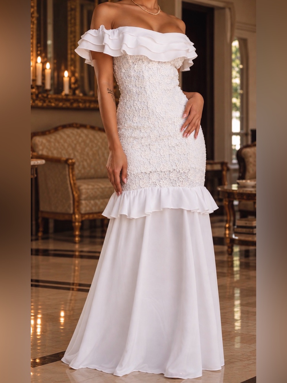White Ruffle Lace Maxi Bridal Dress